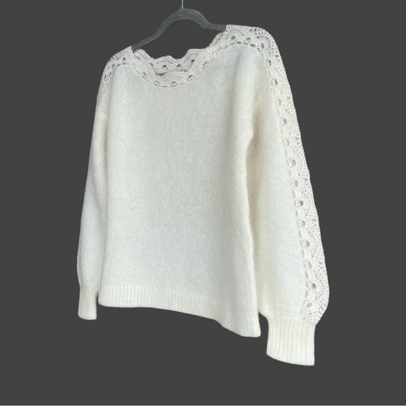SEZANE Ecru Cream Mohair Wool Scalloped Lace Panel Balloon Sleeve Stacy Sweater - Picture 15 of 17